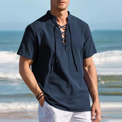 👔 50% de descuento 🔥 Camisa Henley de algodón y lino para hombre, talla grande, con cuello en V y lazos ✅️ Pago contra entrega