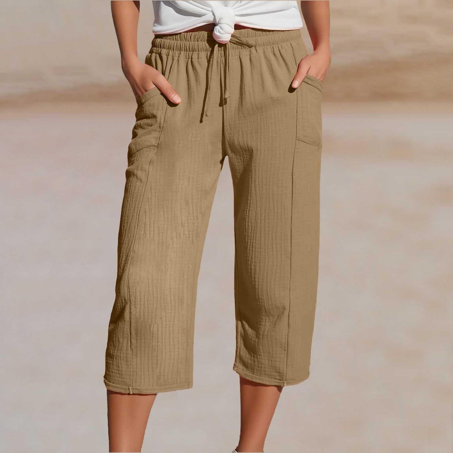 🔥✨【50% zniżki】Nowe letnie damskie spodnie capri z plisami, wykonane z bawełny i lnu, w jednolitym kolorze