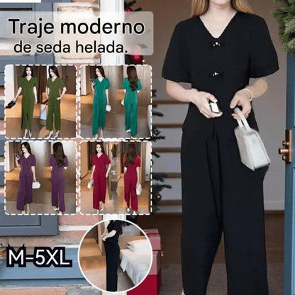 🌸【M-5XL】🔥【Camiseta + Pantalones Anchos】Conjunto de moda en seda de hielo 2026