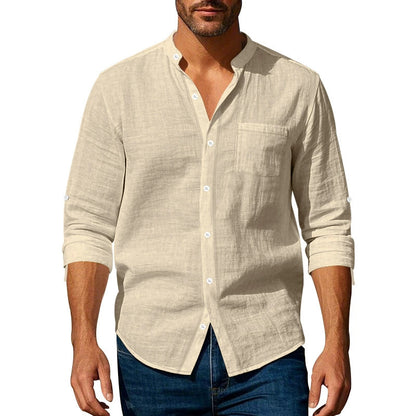 👔50% de descuento🔥【40-100kg】Camisa informal de lino para hombre, manga larga, cuello alto, tejido transpirable. ✅Pago contra entrega