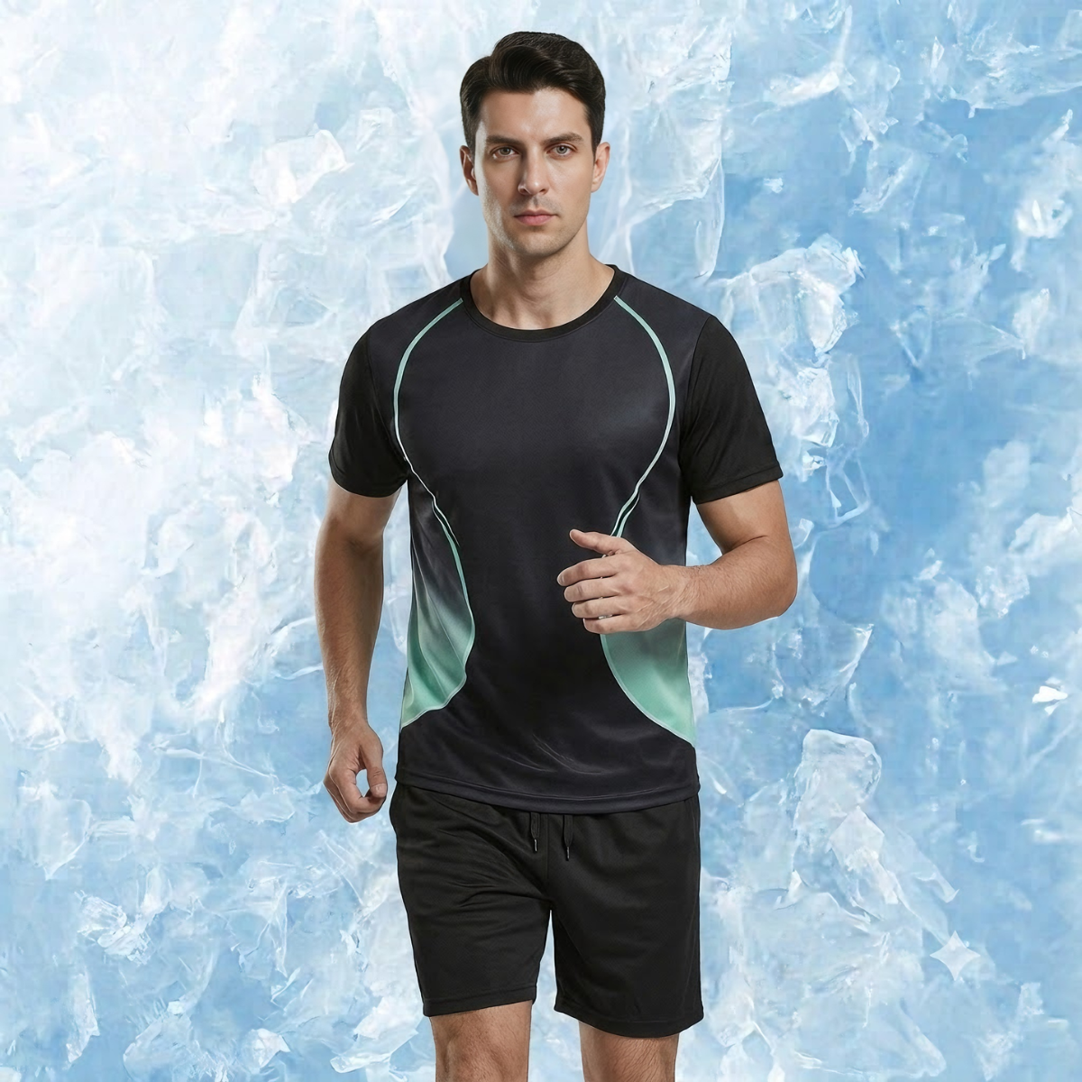 🆒Pago contra entrega✨ Conjunto deportivo de verano para hombre, de manga corta, de seda helada fina, ideal para correr y con tejido de malla de secado rápido.