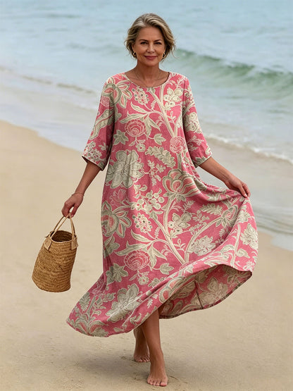【50% off】Vestido holgado de cuello redondo con estampado artístico floral vintage 2026