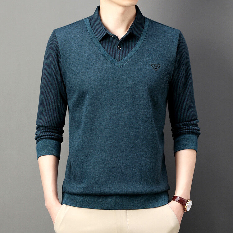 💥🔥【M-4XL】Есенно-зимна мъжка поло тениска с яка и дълъг ръкав Мъжка поло тениска от две части за средна възраст и възрастни