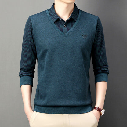 💥🔥【M-4XL】Есенно-зимна мъжка поло тениска с яка и дълъг ръкав Мъжка поло тениска от две части за средна възраст и възрастни