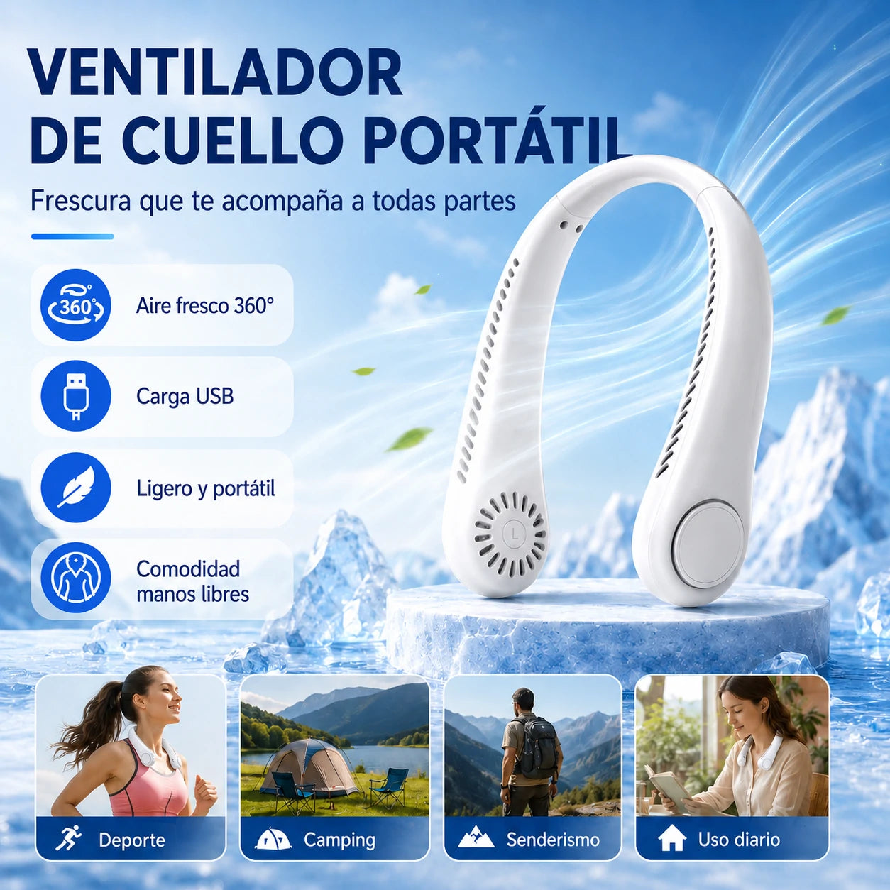 💨 Ventilador de cuello con aire frío – Ultrasilencioso, portátil y con rotación de 360° – Ideal para el verano 🌞