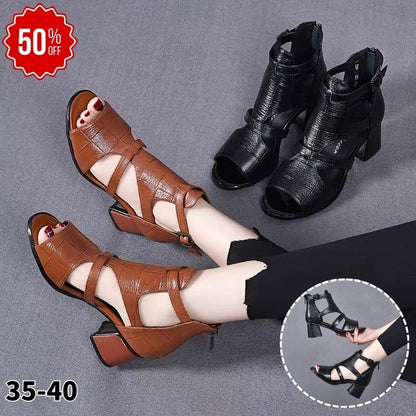 👡【35-40】Nowe miękkie skórzane, grube, wydrążone, rzymskie buty na koturnie, sandały dla kobiet