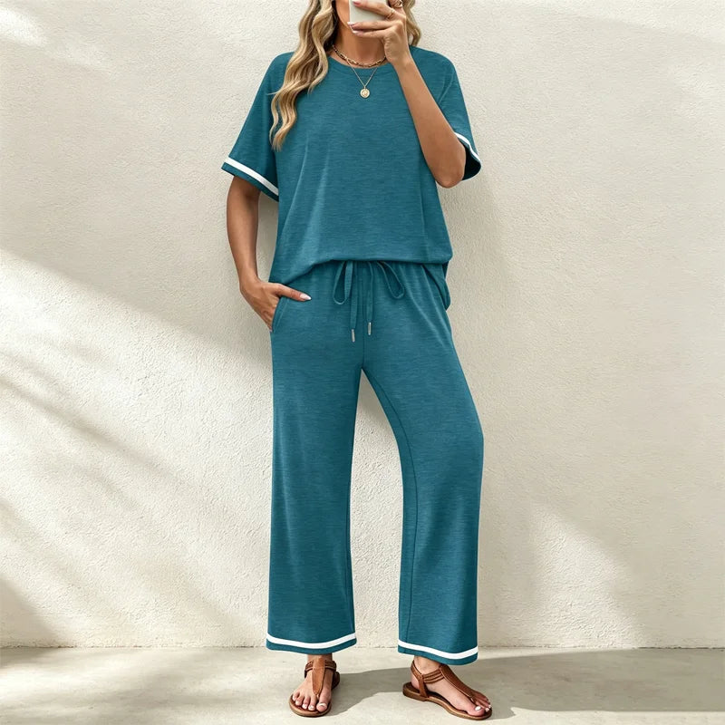 ✨Pago contra entrega✅️ Conjunto casual de dos piezas para mujer, camiseta de cuello redondo y pantalón de pierna ancha – Material suave, transpirable y elástico.