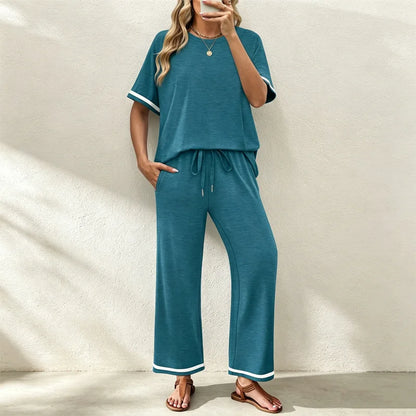 ✨Pago contra entrega✅️ Conjunto casual de dos piezas para mujer, camiseta de cuello redondo y pantalón de pierna ancha – Material suave, transpirable y elástico.