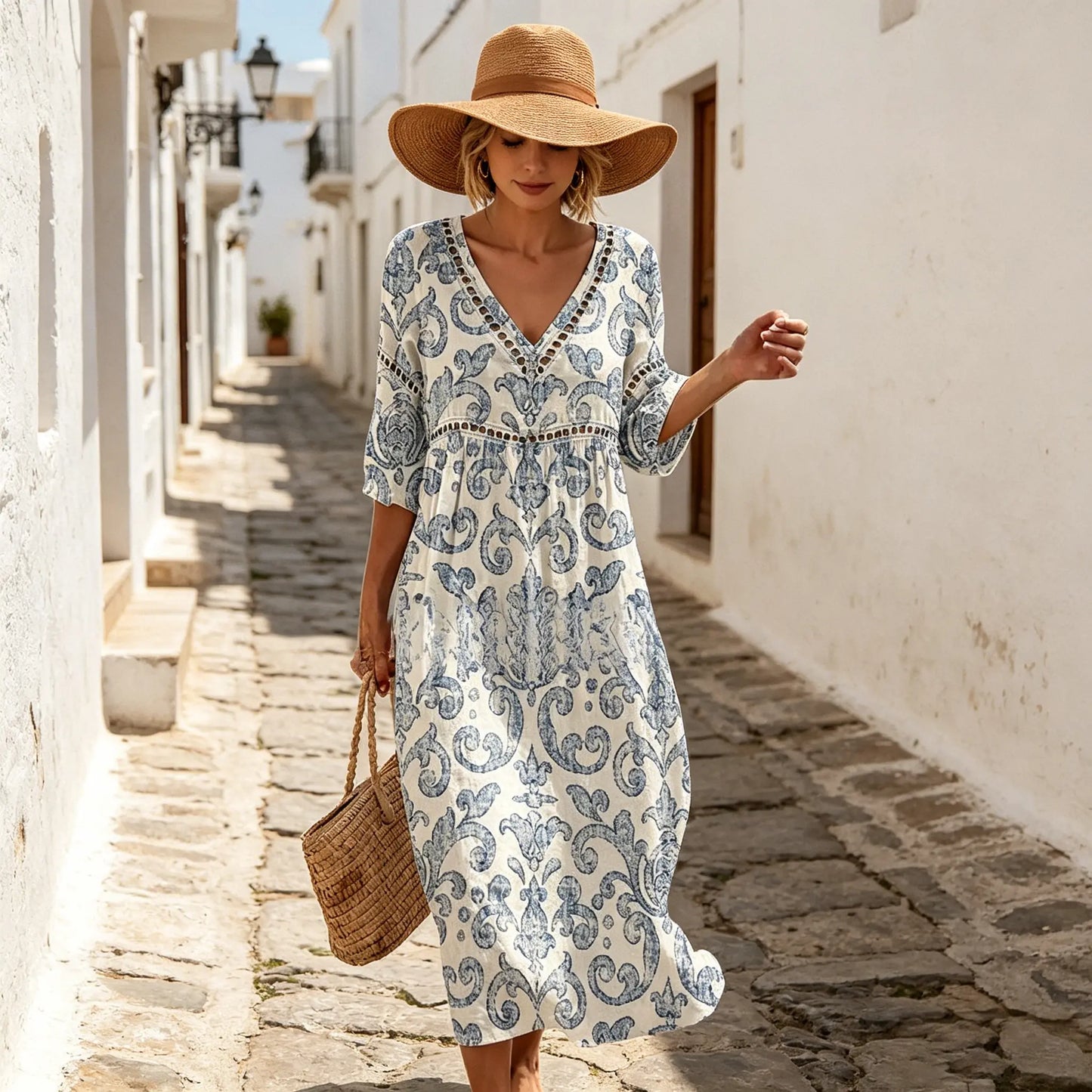 🔥✨【S-3XL】🌷Vestido largo de verano de algodón y lino estampado: elegante y con estilo.