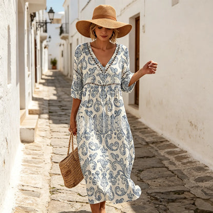 🔥✨【S-3XL】🌷Vestido largo de verano de algodón y lino estampado: elegante y con estilo.