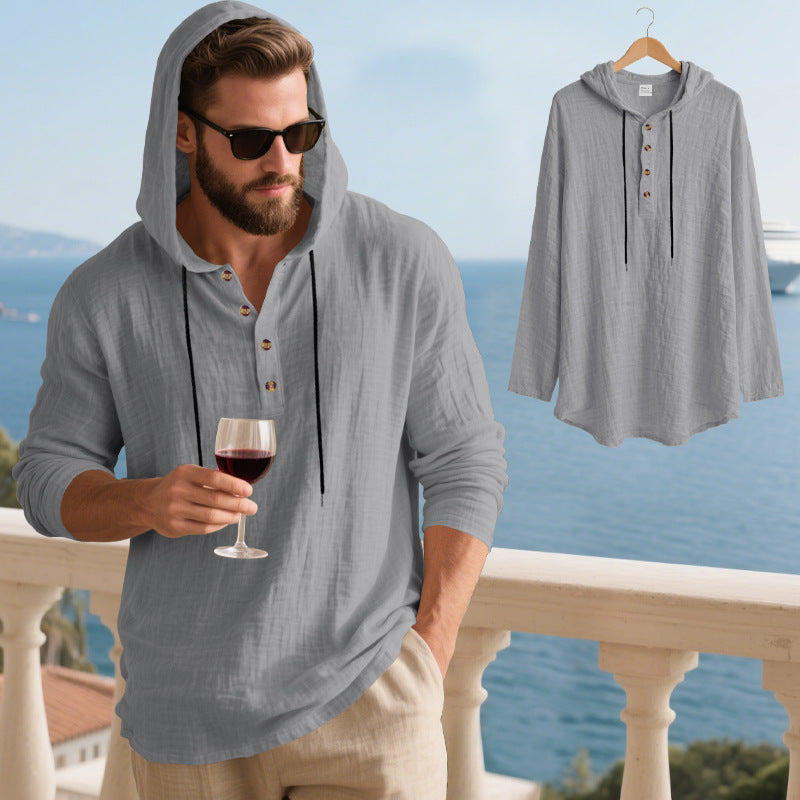 👔50% de descuento🏆【40-100kg】Camisa Henley de manga larga con capucha, transpirable y de lino para hombre, de corte holgado, ideal para la playa.✅Pago contra entrega
