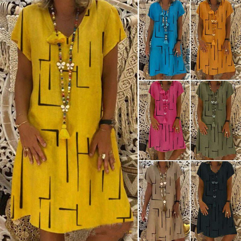 👗【Sezonsko znižanje】【S–5XL】Ženska bombažna obleka z V-izrezom – udobna in elegantna – Znižana cena