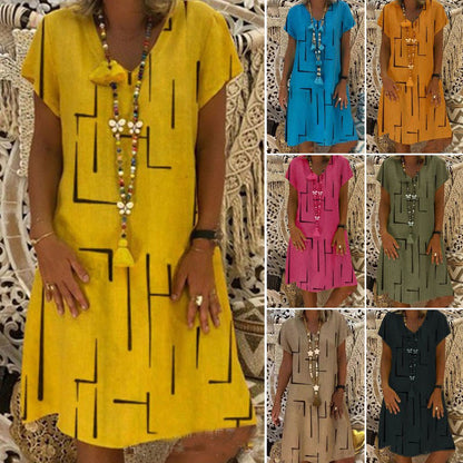 👗【Sezonsko znižanje】【S–5XL】Ženska bombažna obleka z V-izrezom – udobna in elegantna – Znižana cena