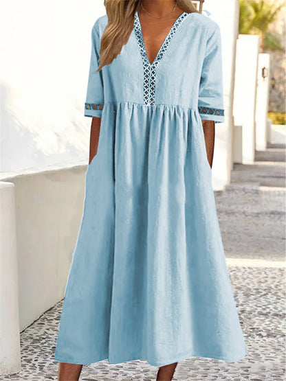 👗50% de descuento🔥 Vestido de encaje con cuello en V y manga corta ✅️Pago contra entrega