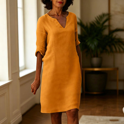 👗【S-3XL】Vestido vintage de lino y algodón con cuello en V, cintura alta, empalmes y mangas 3/4 lisas; tejido transpirable, lavable y resistente a las arrugas.