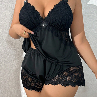 👗Compra 1 y obtén 1 gratis🌸 conjunto de pijama con camiseta sin mangas y pantalones cortos de encaje, tirantes ajustables y escote en V 🛏️✨