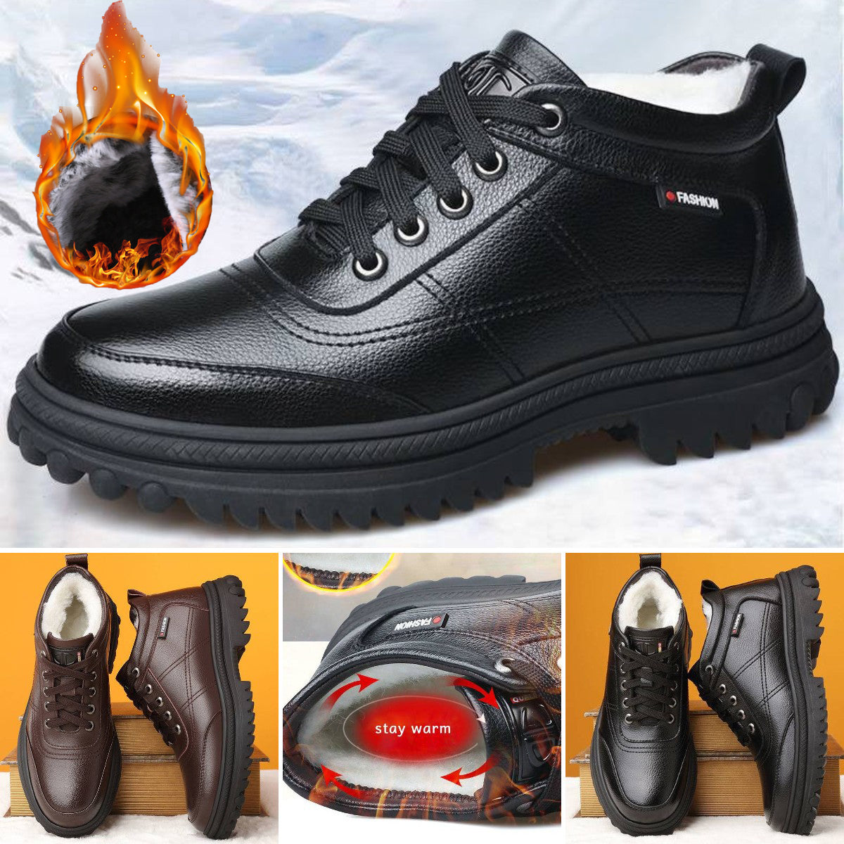 🔥Oferta ograniczona czasowo🔥【39-44】 Zimowe, ciepłe męskie skórzane buty z grubą podeszwą-3775357