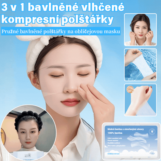 💆🧻🧴【150 kusů】Stižitelné bavlnené plátky speciálně pro obličej, trojité bavlnené kotouče s otvory pro oči, nos a ústa pro kompresy