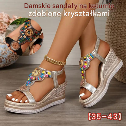 💖【35-43】✨Sandały damskie skórzane na platformie z gumką z koralikami🔥 Darmowa wysyłka. ✅ Płatność przy odbiorze
