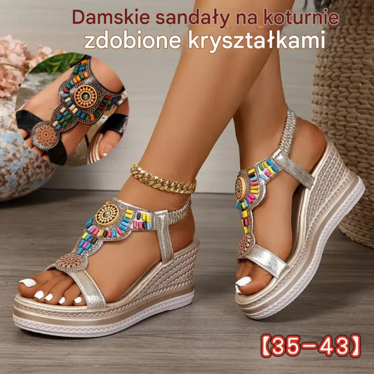 💖【35-43】✨Sandały damskie skórzane na platformie z gumką z koralikami🔥 Darmowa wysyłka. ✅ Płatność przy odbiorze