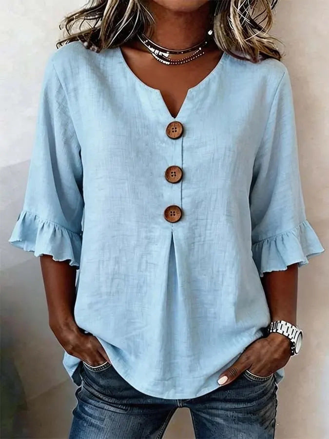 🔥【S-3XL】 Nueva camisa de mujer con cuello en V y volantes, mezcla de algodón y lino, cierre de botones: simple y elegante.