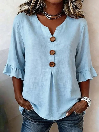 🔥【S-3XL】 Nueva camisa de mujer con cuello en V y volantes, mezcla de algodón y lino, cierre de botones: simple y elegante.