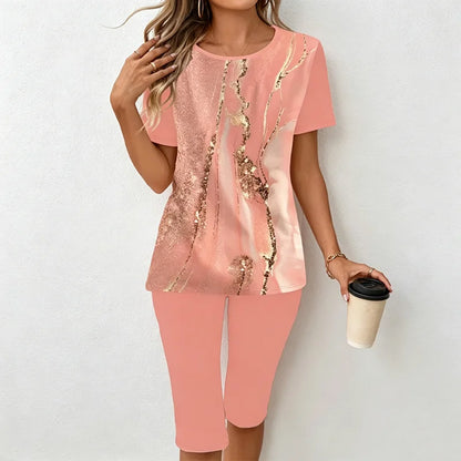 🎁【Camiseta + pantalones】Conjunto informal de dos piezas para mujer con estampado de mármol, confeccionado en tejido suave, transpirable y elástico.✅️Pago contra entrega