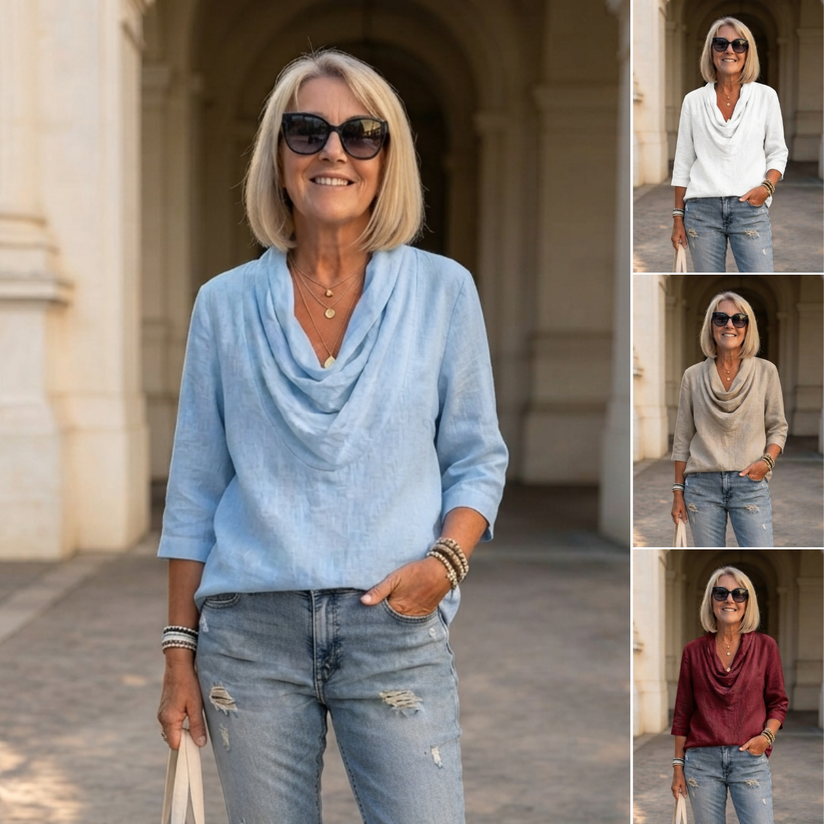 ✨50% de descuento✨ Elegante camisa de lino para mujer, ideal para el verano, con cuello tipo cascada y tejido suave y transpirable.✅️Pago contra entrega