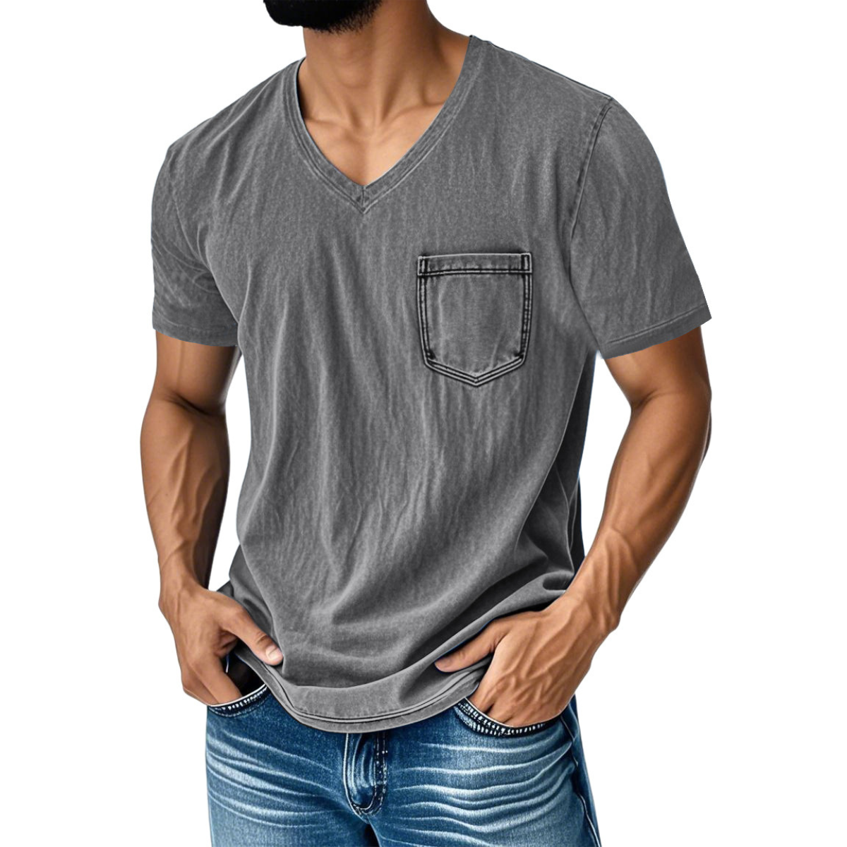 👔 50% de descuento🔥【40-120 kg】Camiseta vaquera informal y holgada con cuello en V y mangas cortas para hombre ✅️Pago contra entrega