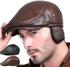 💥🧢【Plačilo ob dostavi】👍Moška usnjena kapa za aktivnosti na prostem, moška zimska baretka, topli glušniki iz 100 % kravje kože
