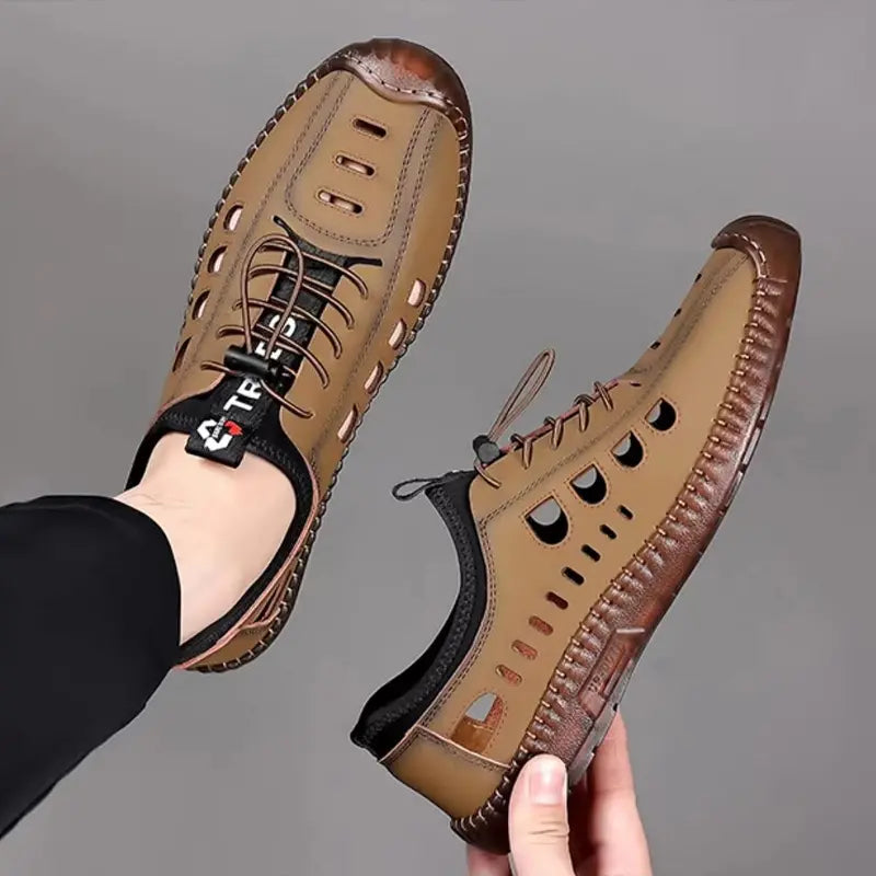 Ograniczona ilość【Rozmiary 39-44】Męskie buty codzienne z wydrążoną, oddychającą i antypoślizgową cholewką z prawdziwej skóry