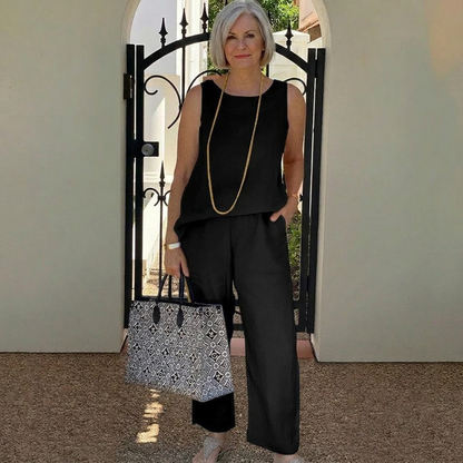 ✨😍【40-120kg】Conjunto de verano de algodón y lino, top sin mangas y pantalón de pierna ancha para mujer.✅️Pago contra entrega