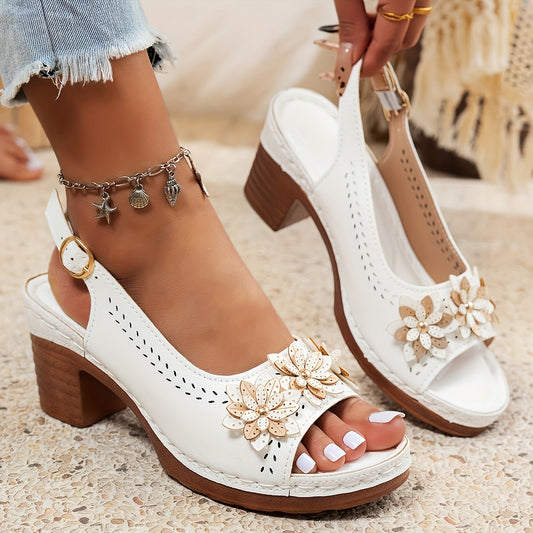 🌸【36-43】Sandalias de cuña elegantes para mujer con detalles florales, color liso versátil, puntera abierta, diseño con correa al tobillo y tacón ancho cómodo.