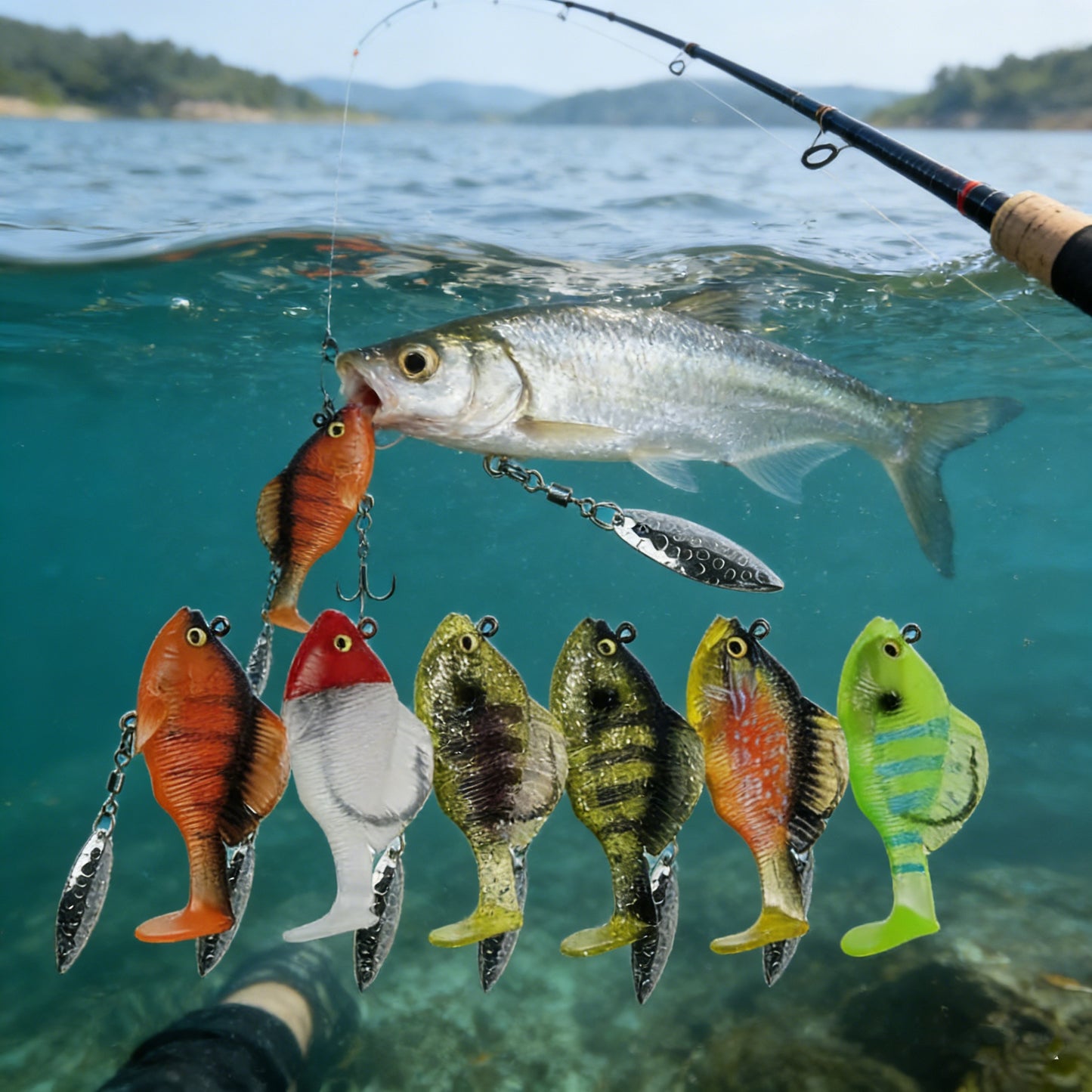 🔥【Juego de 6 piezas-6 colores】🐟Cebo blando para peces/señuelo artificial, para lanzamiento a larga distancia, antienganches, con cola en T y peso de plomo. ✅️Pago contra entrega