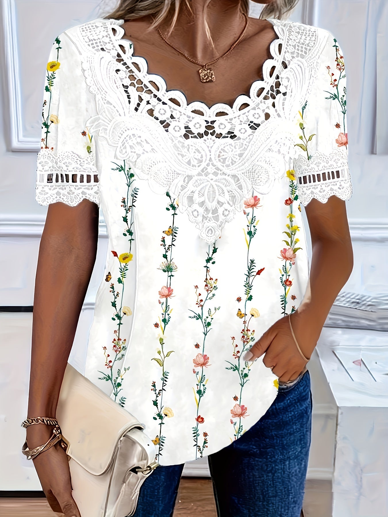 💕🌺【S-6XL】2025 nowa modna wygodna oddychająca damska elegancka koronkowa casualowa koszulka