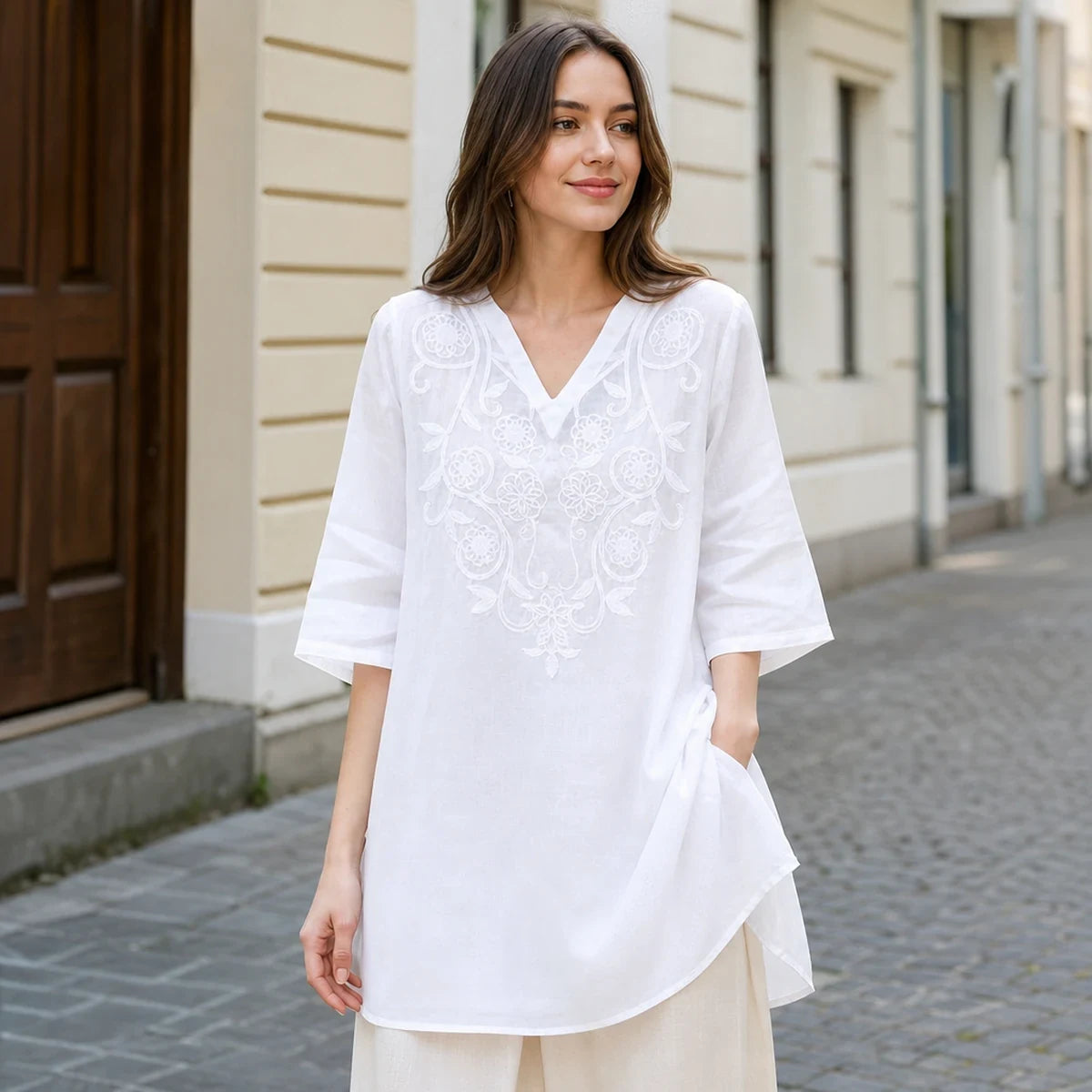 2026 Moda w stylu boho ✨ Luźna, długa, bawełniana koszula z haftem 🌿 Luźny krój 【Rozmiary M-4XL】