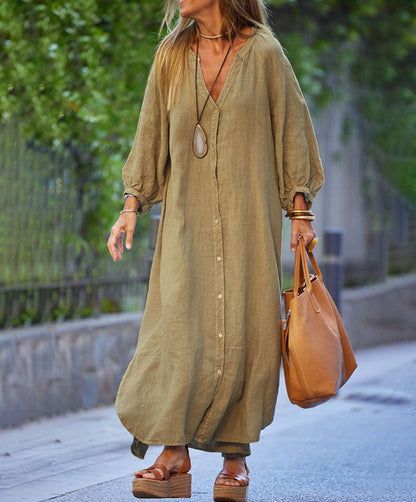 💃Novo za proljeće👗 Ženska duga, ležerna, modna košulja-haljina s V-izrezom, od pamuka i lana, mješavina pamuka i lana, 【S-3XL】